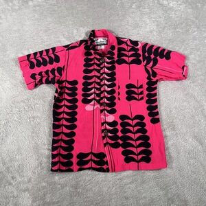 Manuheali'i Aloha Shirt Boys Small Pink Black Hawaiian Leaf Print Rayon